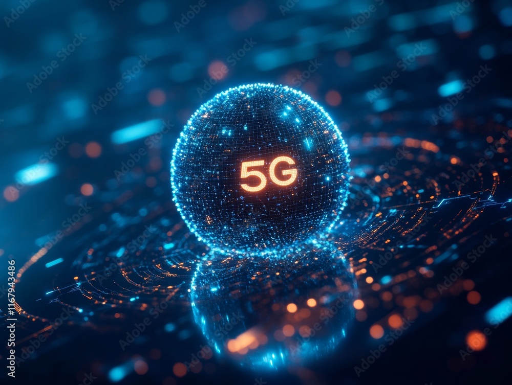 Aufkleber background image shows a 5g global network technology communication antenna tower for wireless high 