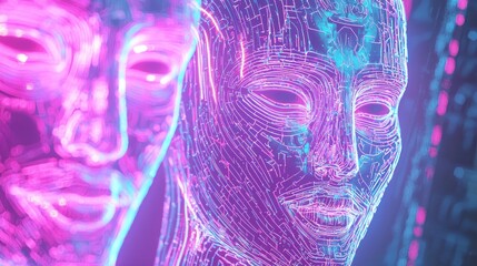 Neon Graffiti AI Faces Over Futuristic Hieroglyphs Cinematic Artwork | Ultra-Detailed Cyberpunk Digital Illustration