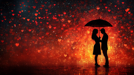 A silhouette of a couple holding an umbrella, standing under a rain of hearts.
