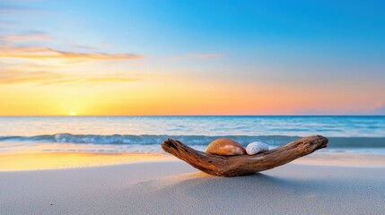 Fototapeta premium [Tranquility calmness restfulness ease] Tranquil Beach at Sunset with Conch Shell, Peaceful Ocean Scene