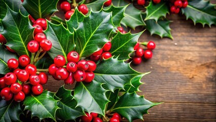 Fototapeta premium Vibrant holly leaves and berries on background, festive, Christmas, winter, holiday, decoration, red, green, vibrant