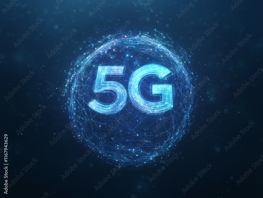 Poster background image shows a 5g global network technology communication antenna tower for wireless high 