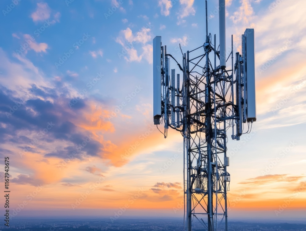Poster background image shows a 5g global network technology communication antenna tower for wireless high 