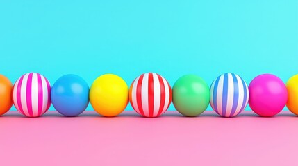 Fototapeta premium A colorful arrangement of striped and solid balls against a vibrant blue and pink background, creating a playful and cheerful atmosphere.
