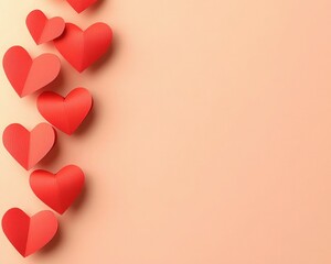 A row of vibrant red paper hearts on a soft peach background, symbolizing love and affection.