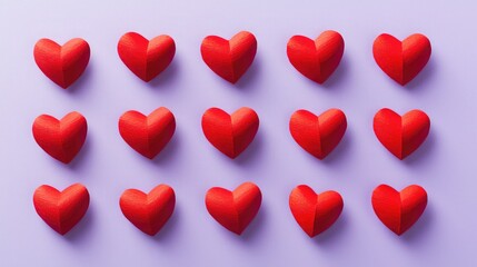 A pattern of red heart-shaped decorations arranged neatly on a light purple background, symbolizing love and affection.