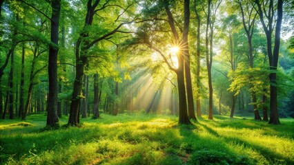 Beautiful sunny morning in a green forest, sunny, morning, green, forest, trees, sunlight, nature, tranquil, peaceful
