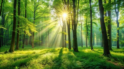Beautiful sunny morning in green forest, Nature, sunlight, trees, fresh air, tranquility, tranquil, morning light, serenity