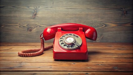 Vintage red rotary phone on a wooden desk, retro, communication, technology, retro, antique, old, classic