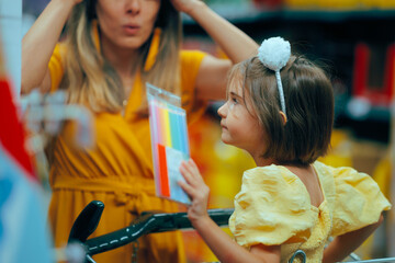 Little Girl Buying Something Exasperating her Mother. People boarding public transportation leaving...