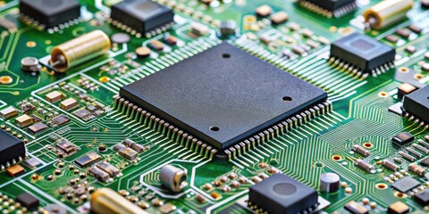 Close-up view of a printed circuit board with visible microchips and electronic components , technology