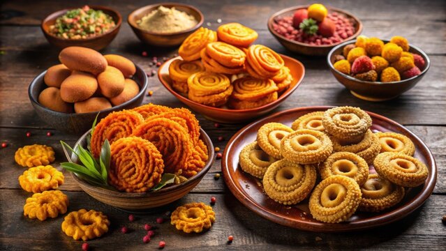 Traditional Diwali snacks from Maharashtra including Chakli, Shankarpali, Karanji and Ladoo , Diwali, snacks, faral