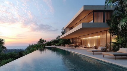 Fototapeta premium [luxury villa exclusive highend] Modern Two-Story House at Sunset with Pool and Lush Greenery