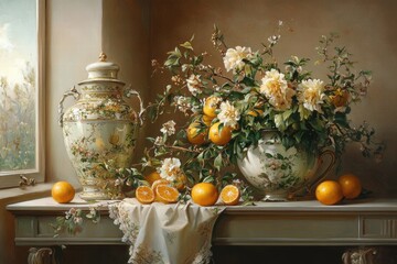 Elegant Still Life with Flowers, Oranges and Vintage Pottery