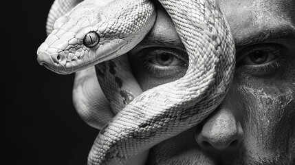 Striking monochromatic portrait man white snake gracefully draped across head bold artistic connection human reptile black skin male fashion photography impact beauty strong gaze chinese new year dark