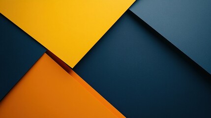 Abstract geometric triangles in orange, yellow and dark blue layers.