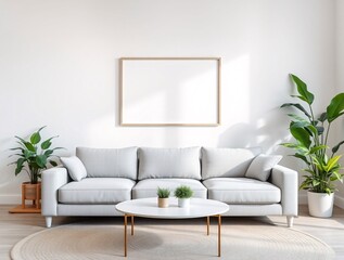 Bright living space showcasing a comfy minimal sofa and a blank frame, surrounded by lush greenery.
