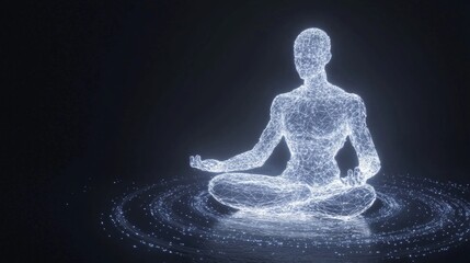 Digital Zen: Robotic Figure in Meditative Pose Surrounded by Luminous Data Streams Cinematic Artwork