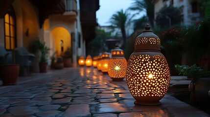 Illuminated pathway with ornate lanterns at night. (1)
