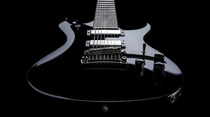 54.A moody close-up of a black electric guitar with deep shadows and soft lighting creating contrast against the black background. The top view highlights the sleek, glossy body and strings of the