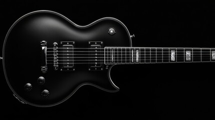 54.A moody close-up of a black electric guitar with deep shadows and soft lighting creating contrast against the black background. The top view highlights the sleek, glossy body and strings of the