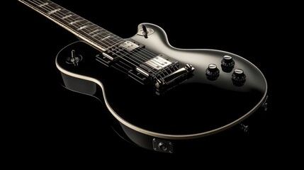 Obraz premium 54.A moody close-up of a black electric guitar with deep shadows and soft lighting creating contrast against the black background. The top view highlights the sleek, glossy body and strings of the