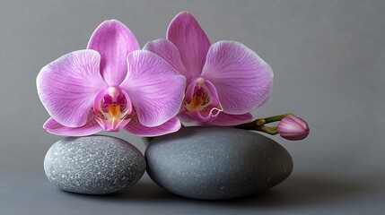 Serene Pink Orchids and Grey Stones: A Still Life of Tranquility