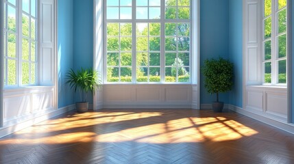 Bright and Airy Interior Space with Large Windows and Greenery