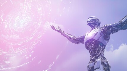 Obraz premium Digital Evolution: Futuristic Mechanical Figure Reaching Amid Data Waves - Cinematic Agentic AI Artwork