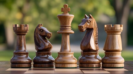Fototapeta premium Wooden Chess Pieces Arranged On A Board Outdoors