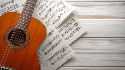 Obraz premium 93.A top-down close-up view of musical notes and sheet music on a white wooden background, with a guitar partially visible in the frame. The edges of the paper are slightly curled, adding character