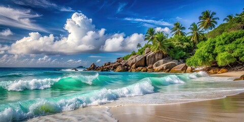 Obraz premium Waves crashing on a picturesque beach in Seychelles, waves, beach, Seychelles, tropical, paradise, ocean, sea, water