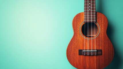 Obraz premium 17.A close-up of a brown ukulele against a soothing pastel turquoise background, the instrument polished wood and intricately designed strings catching the light. The backdrop offers a gentle, airy