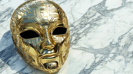 Illuminated Opulence: Intricate Golden Mask on Marble Surface in Agentic AI Concept Artwork