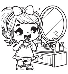 Coloring book cute girl brushing teeth in front of mirror 