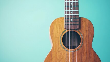 Obraz premium 17.A close-up of a brown ukulele against a soothing pastel turquoise background, the instrument polished wood and intricately designed strings catching the light. The backdrop offers a gentle, airy