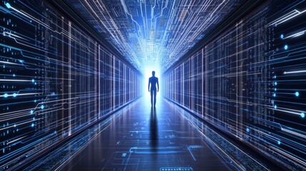 Illuminated Futuristic Corridor with Mechanical Silhouette - Ultra-Detailed Agentic AI Concept Artwork