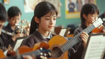 Fototapeta premium 96.A classroom scene showing junior high school students playing various musical instruments, including a guitar, trumpet, and flute. The students are focused on their instruments, with some looking