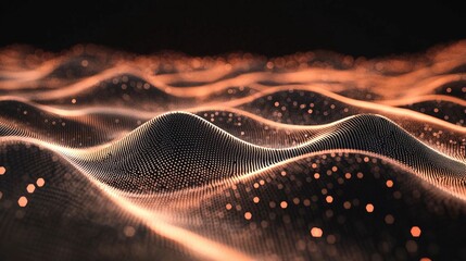 Abstract orange digital tech network grid wave with glowing dots against a black background, futuristic data technology background