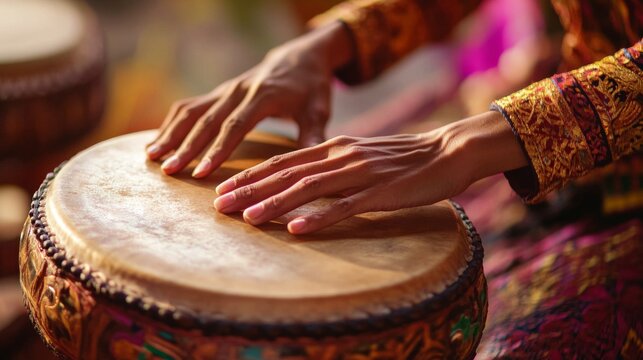 49.A detailed view of unrecognizable hands playing a Thai percussion instrument, such as a drum or cymbal, during a cultural ceremony. The soft lighting highlights the skillful technique of the hands