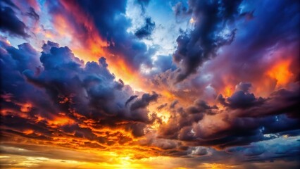 Naklejka premium Colorful dramatic sky with dark clouds, sunset, stormy, atmospheric, vibrant, moody, weather, nature, background