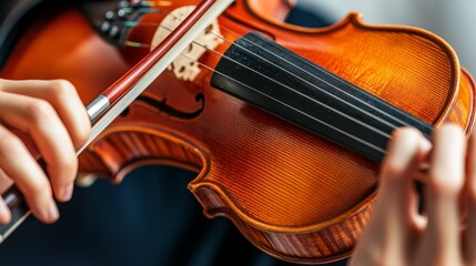 Fototapeta premium 7.A focused shot of a violinistâ€™s hands in mid-performance, expertly maneuvering the bow over the strings of the violin. The hands are steady and precise, with the texture of the violinâ€™s wood