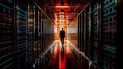 businessman walking down a hallway in a server farm