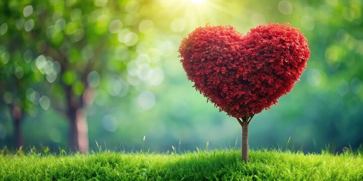 Red heart shaped tree standing out among green foliage, love, nature, romance, Valentine's Day, symbol, unique, red