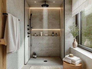 modern bathroom with a minimalist walk-in shower  - obrazy, fototapety, plakaty