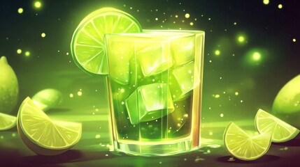 Vibrant Lime Cocktail with Fizzing Bubbles and Citrus Slices  Refreshing summer drink with chilled transparent liquid lemon and lime wedges and lively carbonation