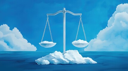A surreal depiction of a balance scale resting on a cloud, surrounded by a blue sky, symbolizing justice and equilibrium.