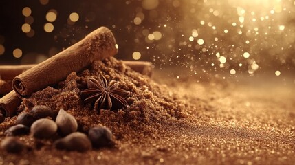 Assortment of aromatic spices herbs and baking ingredients against a warm golden background with a festive sparkling effect  Cozy seasonal and gourmet culinary concept