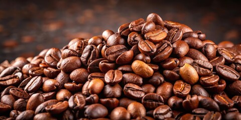 Fototapeta premium Close up of freshly roasted coffee beans in a pile, coffee, bean, brown, roasted, caffeine, espresso, seed, aromatic, drink