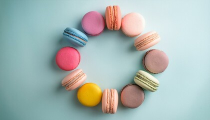 Pastel Macarons Arranged in a Circle on Two-Tone Background